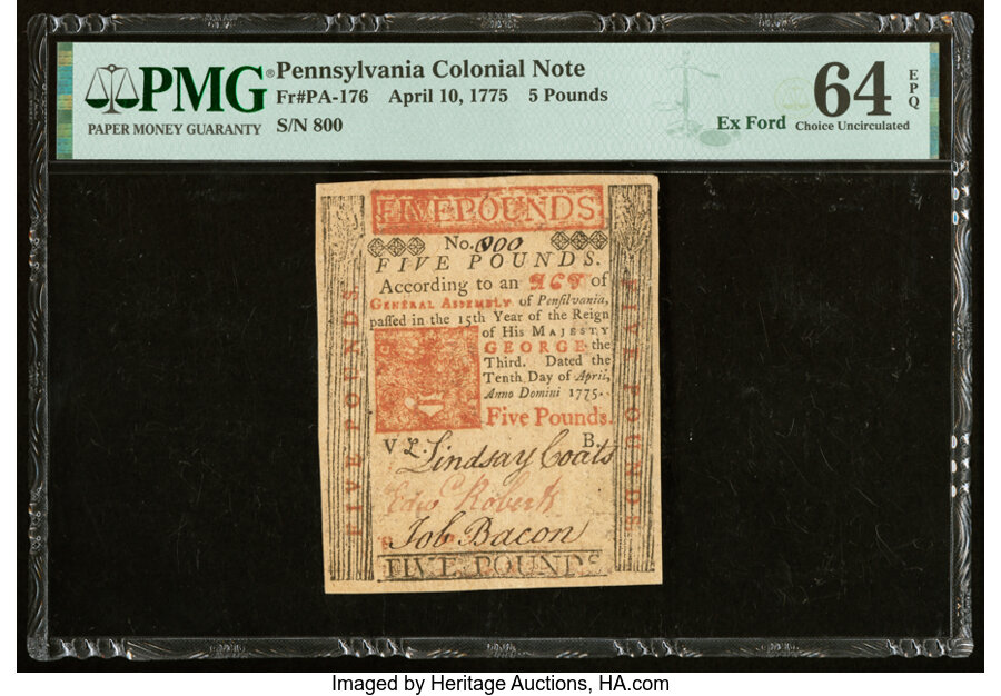 image for: Pennsylvania April 10, 1775 £5 PMG Choice Uncirculated 64 EPQ....
