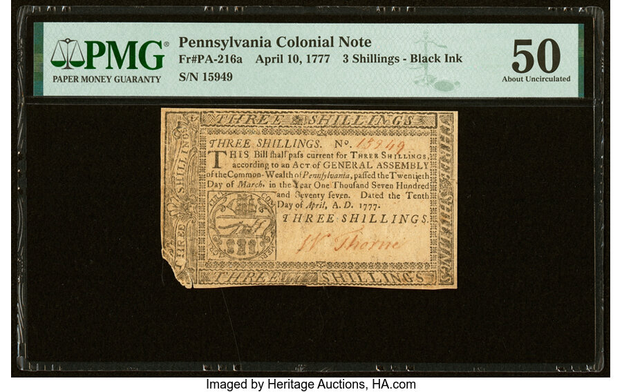 image for: Pennsylvania April 10, 1777 3s PMG About Uncirculated 50....