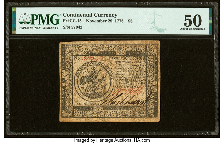 image for: Continental Currency November 29, 1775 $5 PMG About Uncirculated 50....