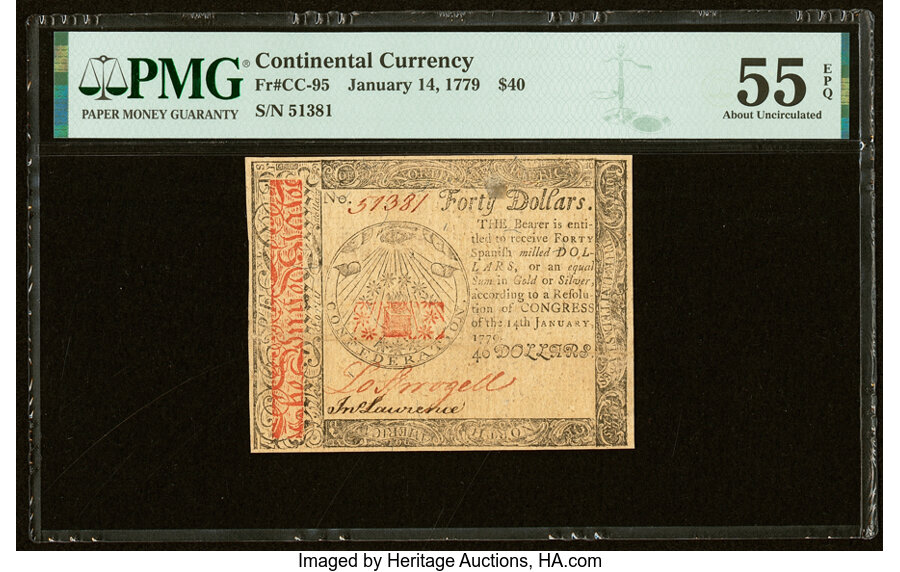 image for: Continental Currency January 14, 1779 $40 PMG About Uncirculated 55 EPQ....