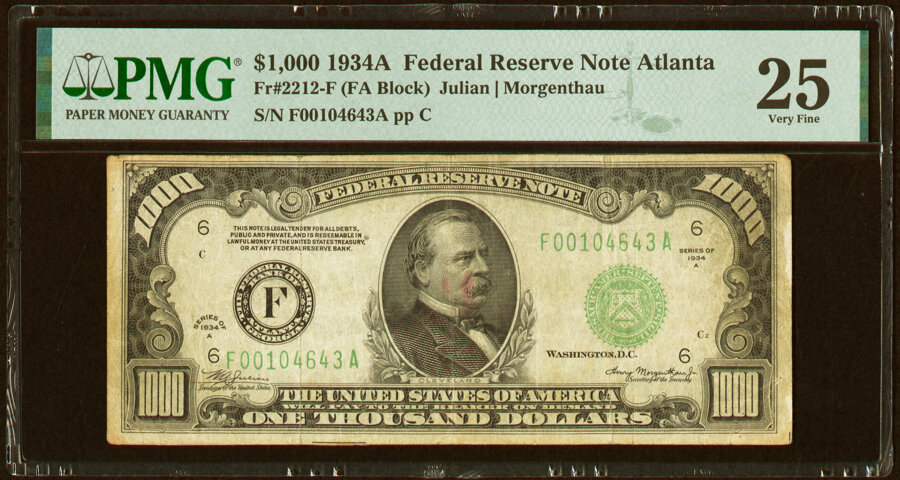 image for: Fr. 2212-F $1,000 1934A Federal Reserve Note. PMG Very Fine 25....