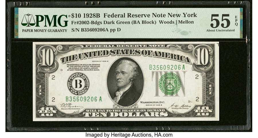image for: Fr. 2002-B $10 1928B Federal Reserve Note. PMG About Uncirculated 55 EPQ....
