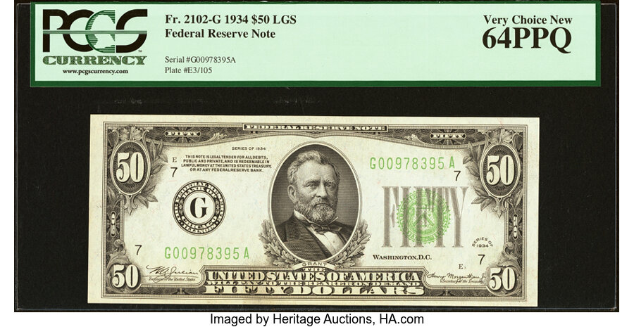 image for: Fr. 2102-G $50 1934 Light Green Seal Federal Reserve Note. PCGS Very Choice New 64PPQ....