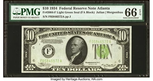image for: Fr. 2004-F $10 1934 Light Green Seal Federal Reserve Note. PMG Gem Uncirculated 66 EPQ....