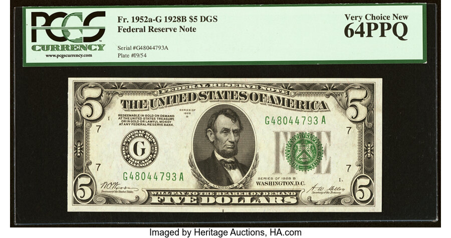 image for: Fr. 1952-G $5 1928B Federal Reserve Note. PCGS Very Choice New 64PPQ....