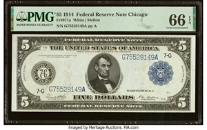 image for: Fr. 871a $5 1914 Federal Reserve Note PMG Gem Uncirculated 66 EPQ....