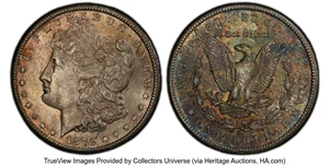 image for: 1879-CC $1 Capped Die MS62 PCGS. VAM-3. A Top 100 Variety. Medium silver-gray and pale gold toning occupies the obverse, w...