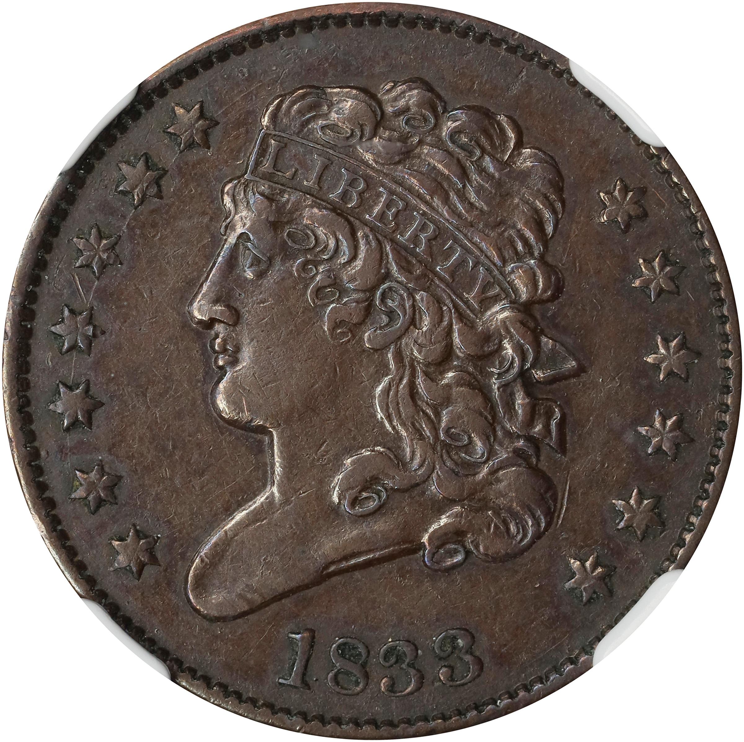 image for: 1833 Classic Head Half Cent. C-1. Rarity-1. AU-50 BN (NGC).