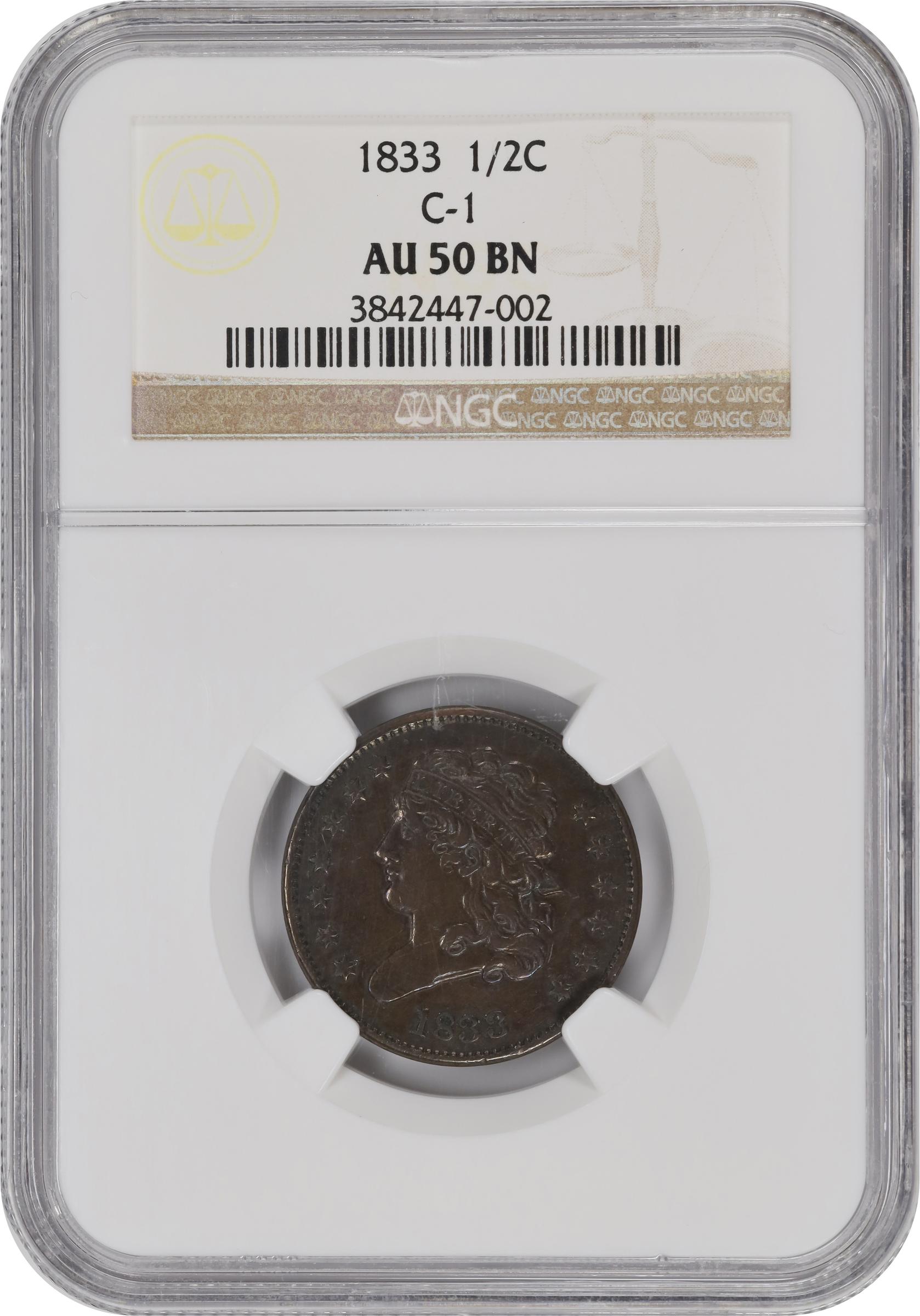 image for: 1833 Classic Head Half Cent. C-1. Rarity-1. AU-50 BN (NGC).