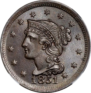 image for: 1851 Braided Hair Cent. N-2. Rarity-1. MS-65 BN (NGC).