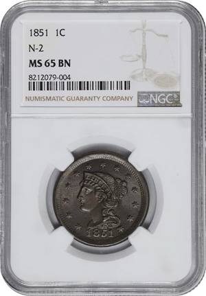 image for: 1851 Braided Hair Cent. N-2. Rarity-1. MS-65 BN (NGC).