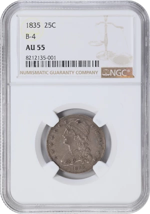 image for: 1835 Capped Bust Quarter. B-4. Rarity-4. AU-55 (NGC).