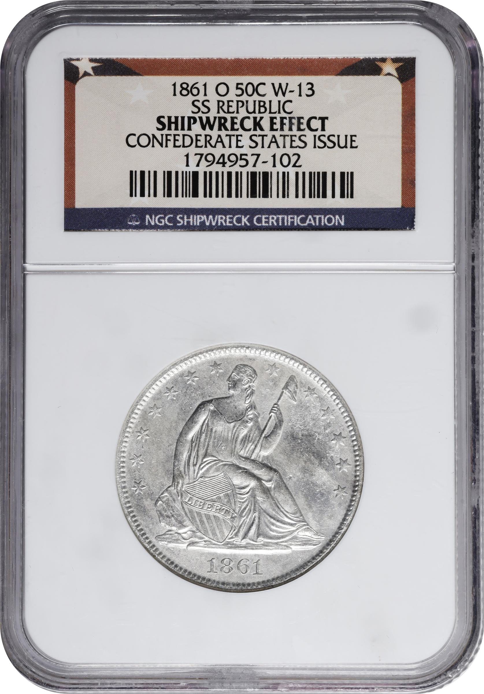 image for: 1861-O Liberty Seated Half Dollar. Confederate States Issue. W-13. Rarity-2. Die Crack Bisected Date. Shipwreck Effect (NGC).