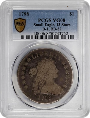 image for: 1798 Draped Bust Silver Dollar. Small Eagle. BB-82, B-1. Rarity-3. 13 Stars on Obverse. VG-8 (PCGS).