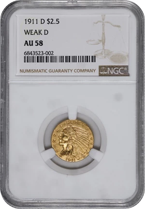 image for: 1911-D Indian Quarter Eagle. Weak D. AU-58 (NGC).