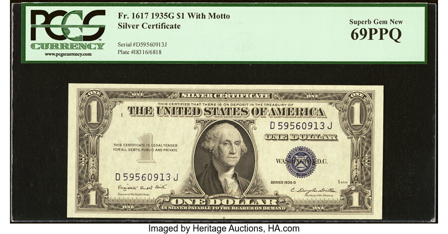 image for: Fr. 1617 $1 1935G With Motto Silver Certificate. PCGS Superb Gem New 69PPQ....