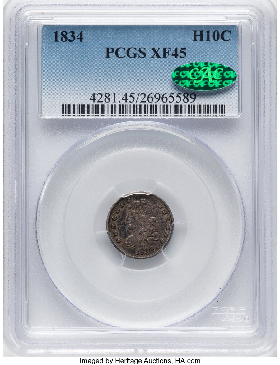 image for: 1834 H10C V-4, LM-4, R.1, XF45 PCGS. CAC. Mintage 1,480,000....