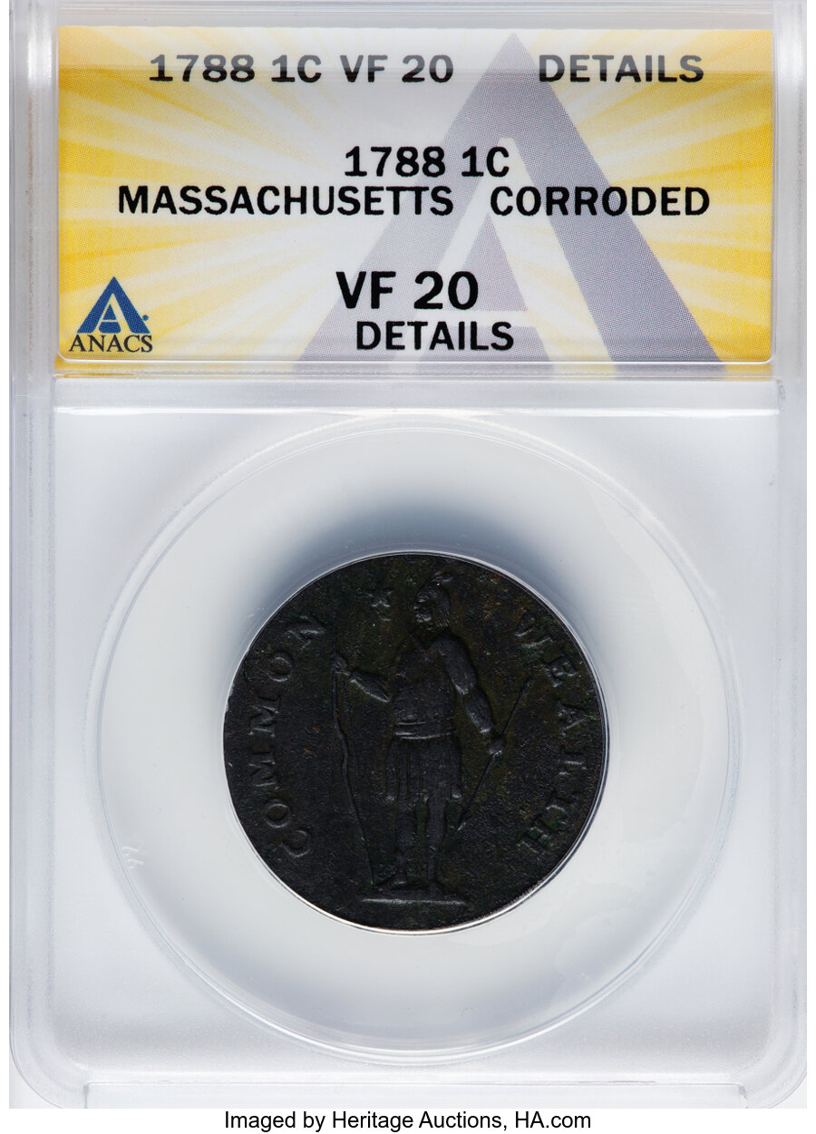 image for: 1788 1C Massachusetts Cent, Period, Ryder 6-N, W-6240, Low R.3 -- Corroded -- ANACS Details. VF20....