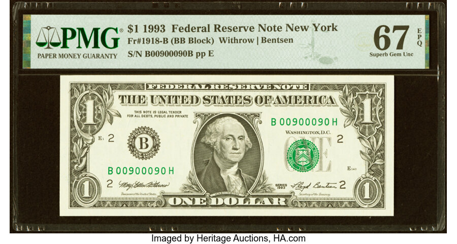image for: Flipper Serial Number 00900090 Fr. 1918-B $1 1993 Federal Reserve Note. PMG Superb Gem Unc 67 EPQ....