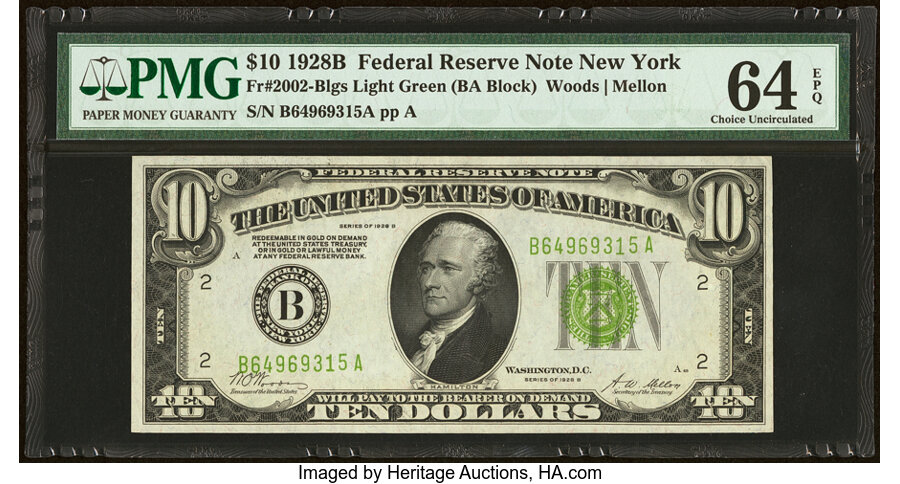 image for: Fr. 2002-B $10 1928B Light Green Seal Federal Reserve Note. PMG Choice Uncirculated 64 EPQ....