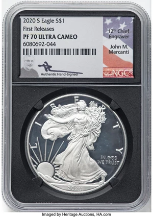 image for: 2020-S $1 Silver Eagle, First Releases, PR70 Ultra Cameo NGC. Hand-signed, John M. Mercanti....