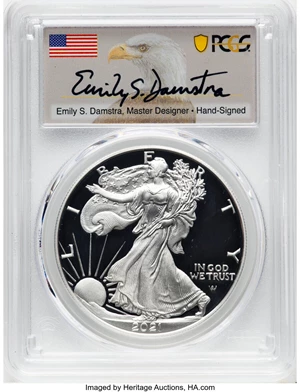 image for: 2021-S $1 Silver Eagle, Type Two, Advance Release, Damstra Signature, PR70 Deep Cameo PCGS....