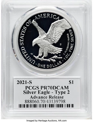image for: 2021-S $1 Silver Eagle, Type Two, Advance Release, Damstra Signature, PR70 Deep Cameo PCGS....