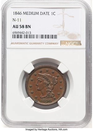 image for: 1846 1C Medium Date, N-11, R.1, AU58 Brown NGC. NGC Census: (8/29)....