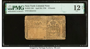 image for: New York April 20, 1756 £3 PMG Fine 12 Net....