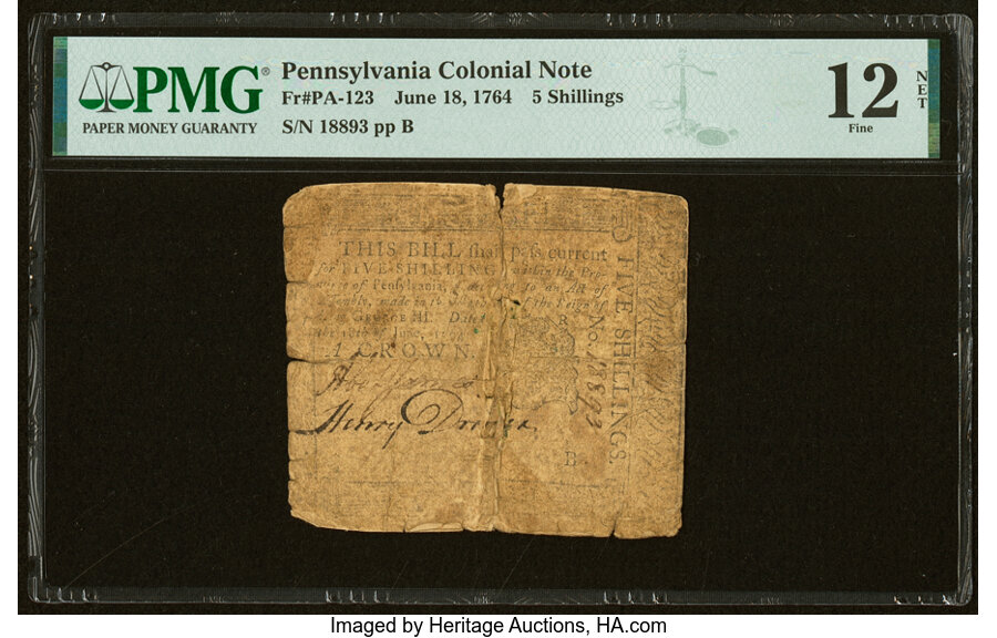 image for: Pennsylvania June 18, 1764 5s PMG Fine 12 Net....