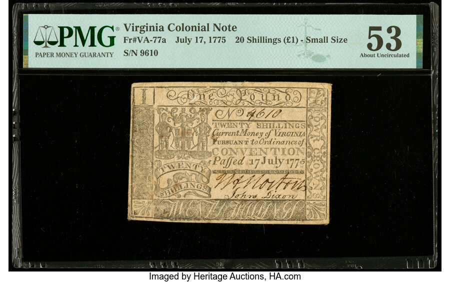 image for: Virginia July 17, 1775 20s PMG About Uncirculated 53....