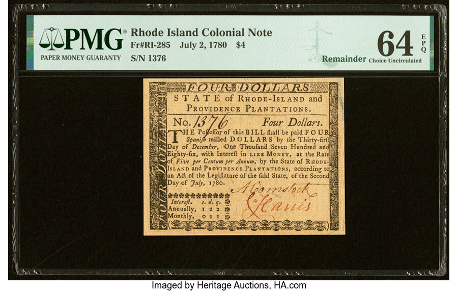 image for: Rhode Island July 2, 1780 $4 Remainder PMG Choice Uncirculated 64 EPQ....