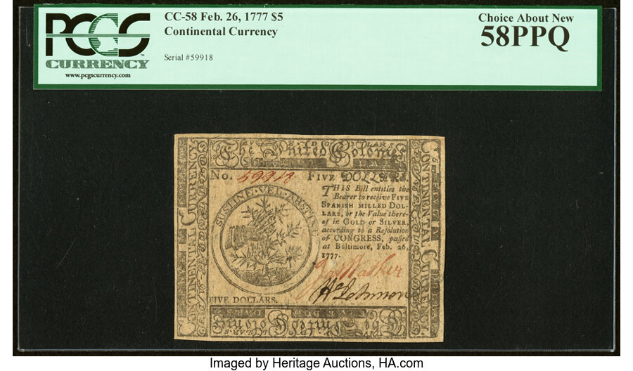 image for: Continental Currency February 26, 1777 $5 PCGS Choice About New 58PPQ....