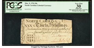 image for: North Carolina March 9, 1754 30s PCGS Apparent Very Fine 30....