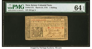 image for: New Jersey March 25, 1776 1s PMG Choice Uncirculated 64 EPQ....
