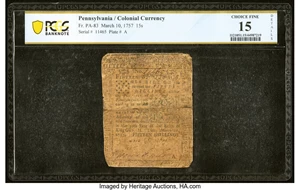 image for: Pennsylvania March 10, 1757 15s PCGS Banknote Choice Fine 15 Details....