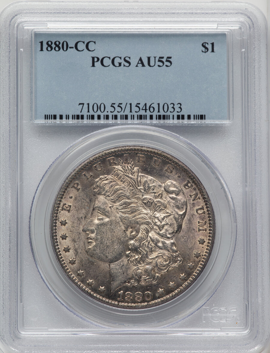 1880-CC $1 AU55 PCGS. PCGS Population: (12/15324). Mintage 591,000. ...
