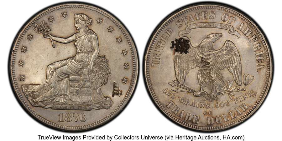 image for: 1876-CC T$1 Chop Mark AU50 PCGS. PCGS Population: (4/23).  ...