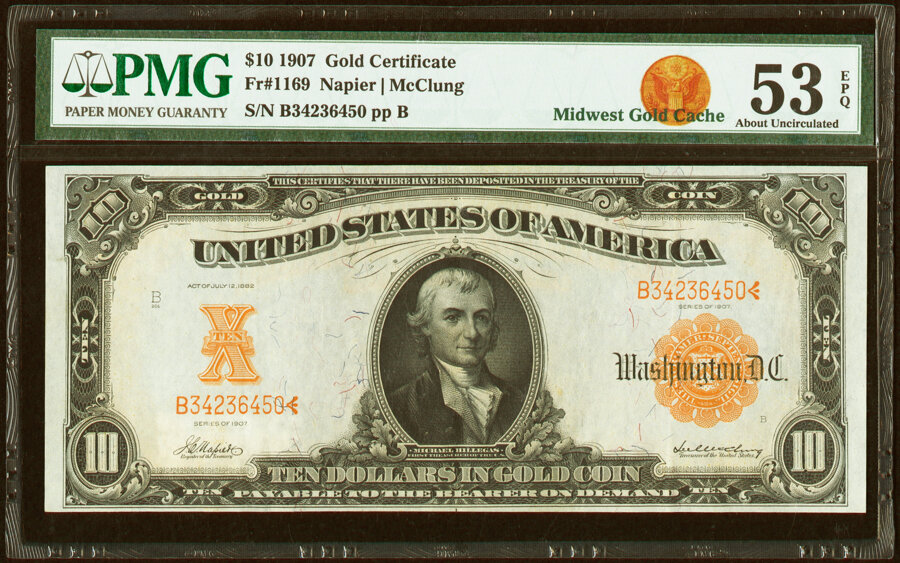 image for: Fr. 1169 $10 1907 Gold Certificate PMG About Uncirculated 53 EPQ....