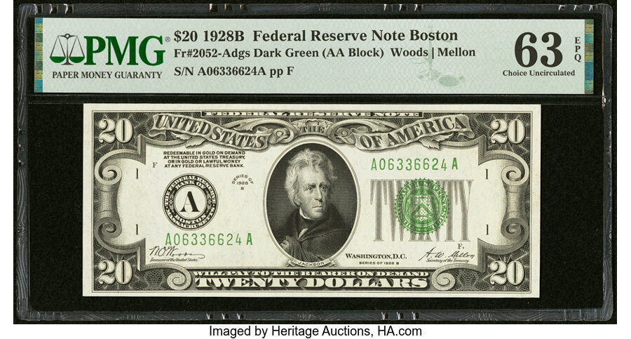 image for: Fr. 2052-A $20 1928B Federal Reserve Note. PMG Choice Uncirculated 63 EPQ....