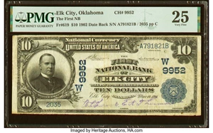 image for: Elk City, OK - $10 1902 Date Back Fr. 619 The First National Bank Ch. # (W)9952 PMG Very Fine 25....