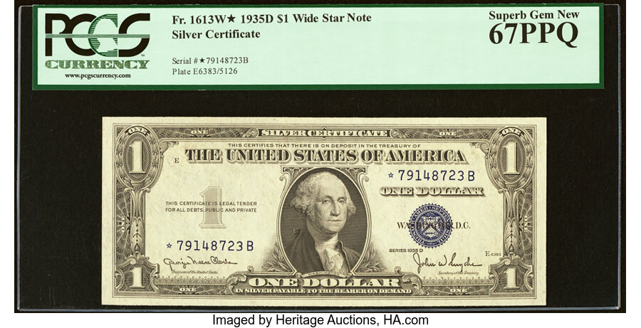 image for: Fr. 1613W* $1 1935D Wide Silver Certificate Star. PCGS Superb Gem New 67PPQ....