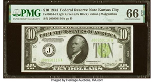 image for: Fr. 2004-J $10 1934 Light Green Seal Federal Reserve Note. PMG Gem Uncirculated 66 EPQ....