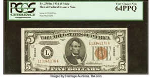 image for: Fr. 2301 $5 1934 Mule Hawaii Federal Reserve Note. PCGS Very Choice New 64PPQ....