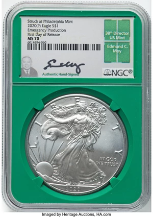 image for: 2020-(P) $1 Silver Eagle, Emergency Issue Struck at Philadelphia, First Day of Issue, MS70 NGC. Hand-signed, Edmund C. Moy....