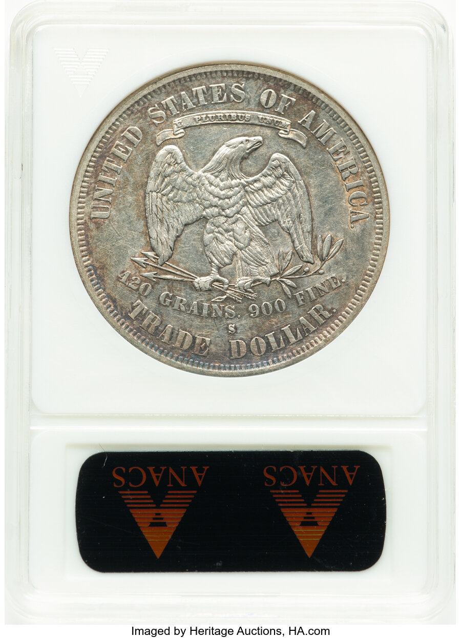 image for: 1877-S T$1 Doubled Die Reverse, FS-802, XF45 ANACS. Housed in a small-sized holder....