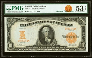 image for: Fr. 1171 $10 1907 Gold Certificate PMG About Uncirculated 53 EPQ....