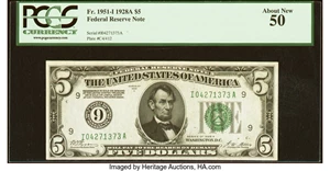 image for: Fr. 1951-I $5 1928A Federal Reserve Note. PCGS About New 50....