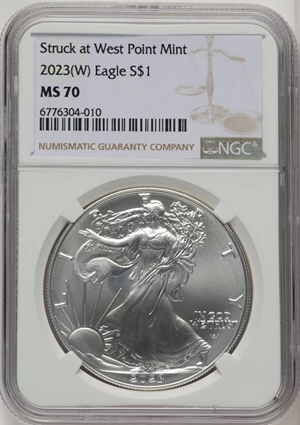 image for: 2023(W) $1 Silver Eagle, Struck at West Point, MS70 NGC. Mintage 5,393,005....