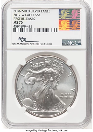 image for: 2017-W $1 Silver Eagle, Burnished, First Releases, MS70 NGC. Hand-signed, John M. Mercanti. NGC Census: (4466). PCGS Popula...